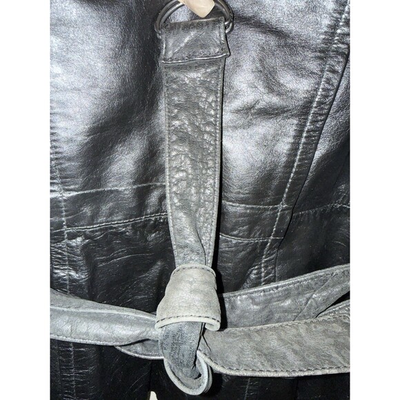 Genuine Leather Black Belted Vintage Jacket Faux Fur Collar Coat Women SZ Small - Picture 5 of 14